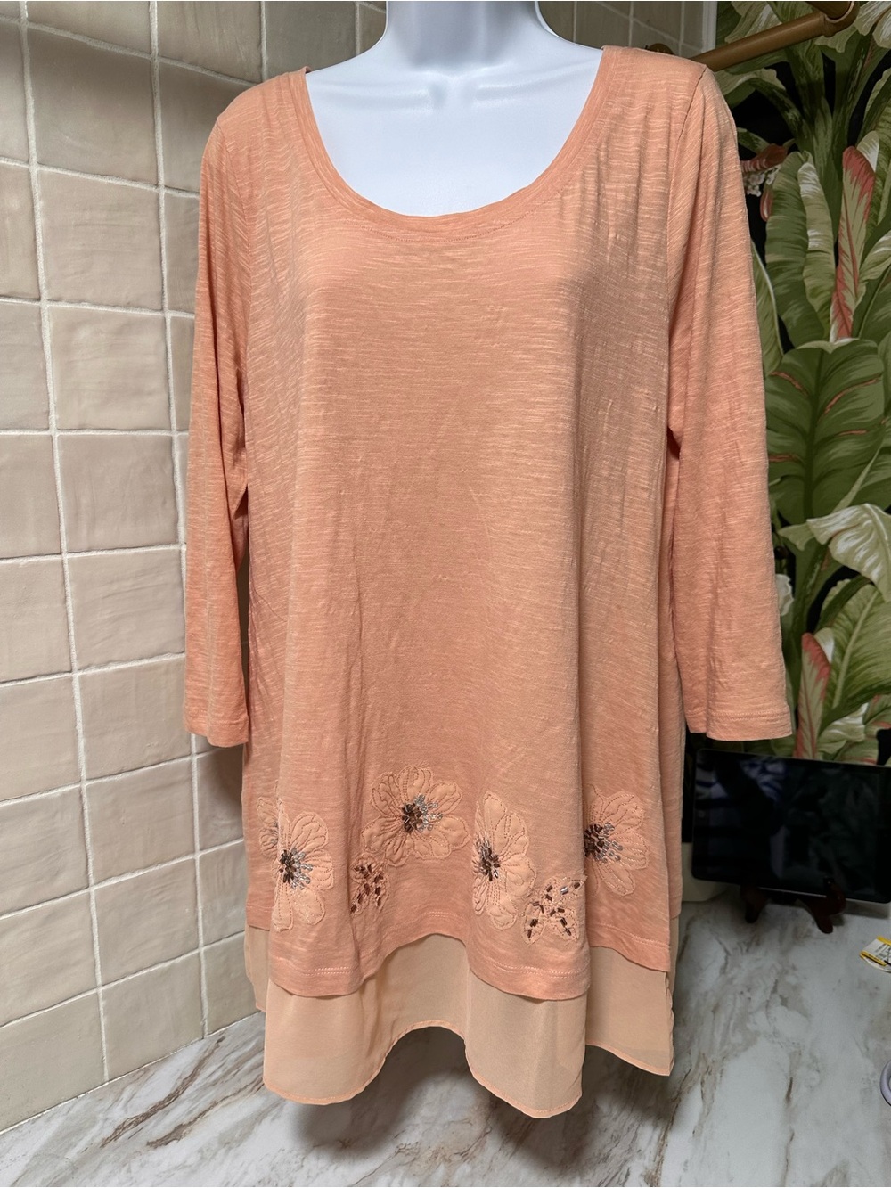 LOGO by Lori Goldstein Floral Applique Beaded Tunic Top- L